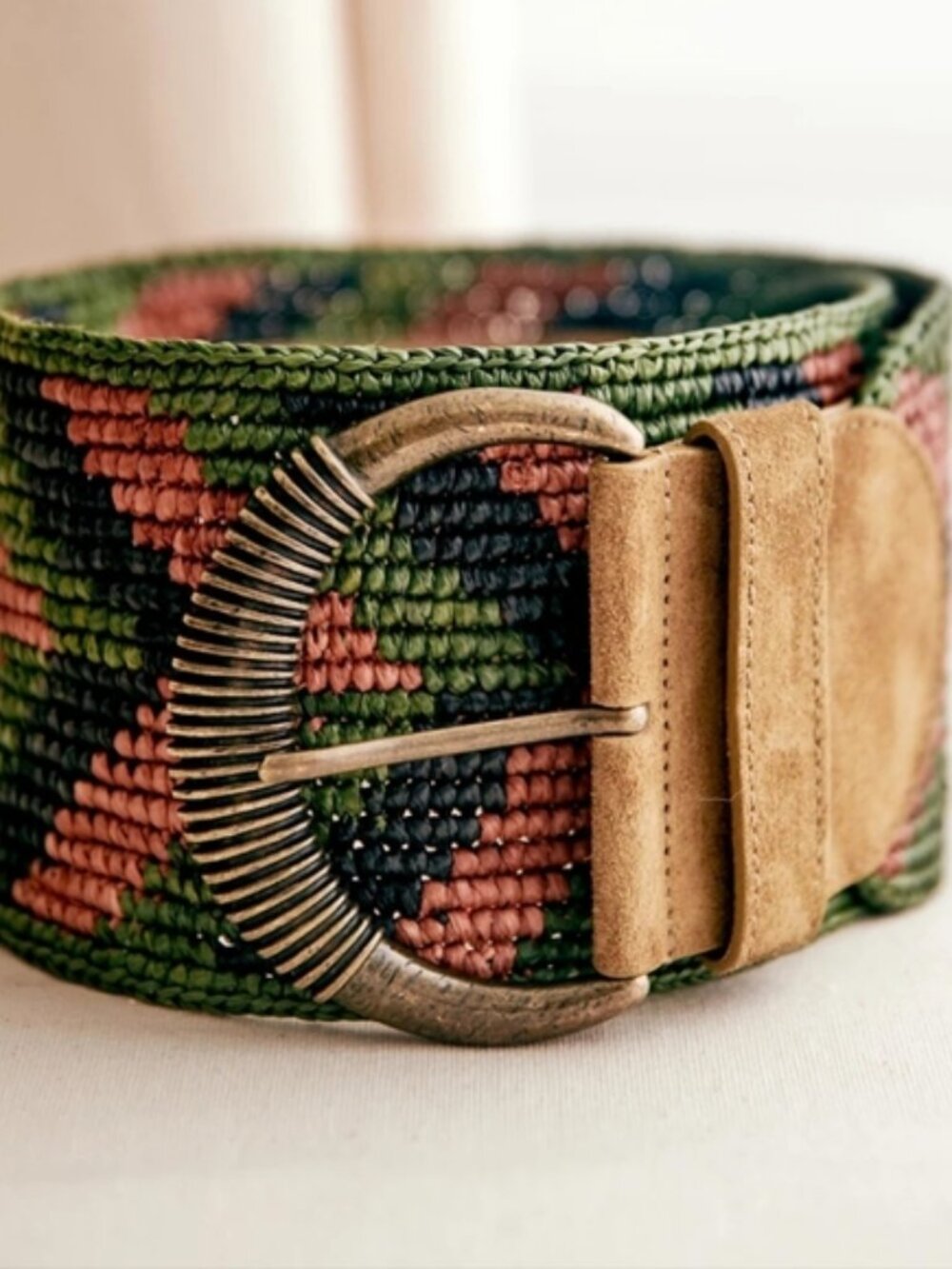 Sezane Carlie Wide Tan Suede Belt with Multicolor Woven Sides - Picture 5 of 6